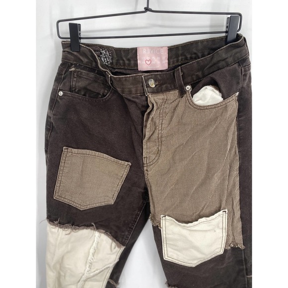 Rare! REVICE Womens Chino Patch Jeans Pants Sz 29/ 8 Wide Leg Cotton Brown White - Picture 3 of 8